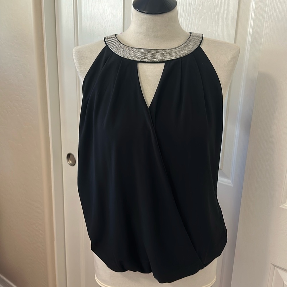 WHBM faux wrap sleeveless blouse with silver neckline detail